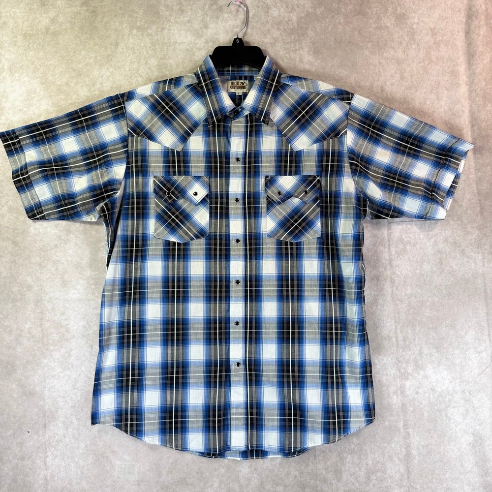 Ely Cattleman Western Shirt Men Large Blue Plaid Pearl Snap Short Sleeve Yoke